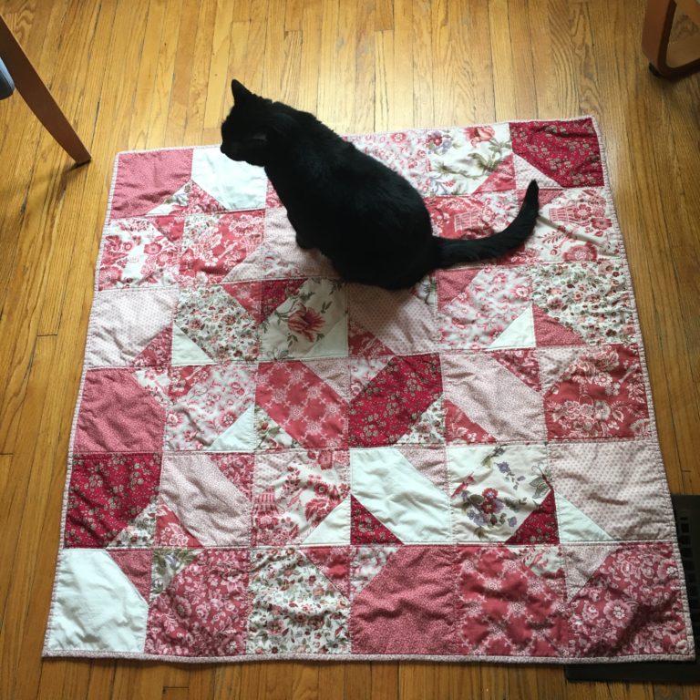 Finished quilt, with cat